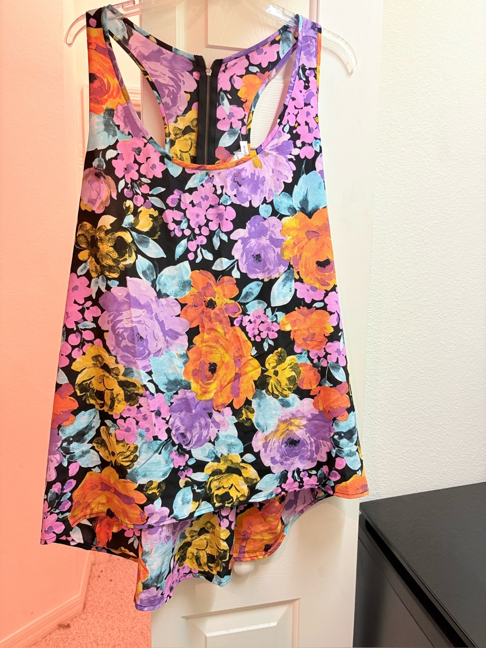 Colorful Floral Tank Top with Bold Orange and Purple Blooms